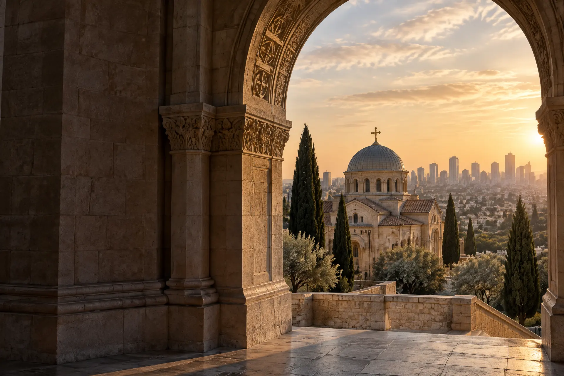 View through a stone arch toward an Orthodox community at sunset